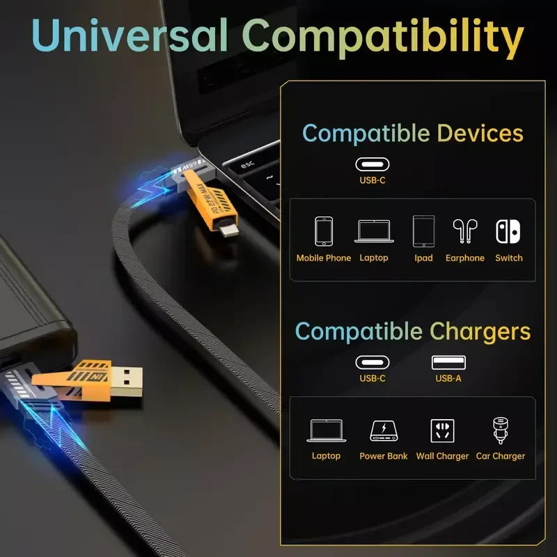 4in1 USB Type-C Cable 6ft Data Cord Super Fast Charging Cable For iPhone Samsung