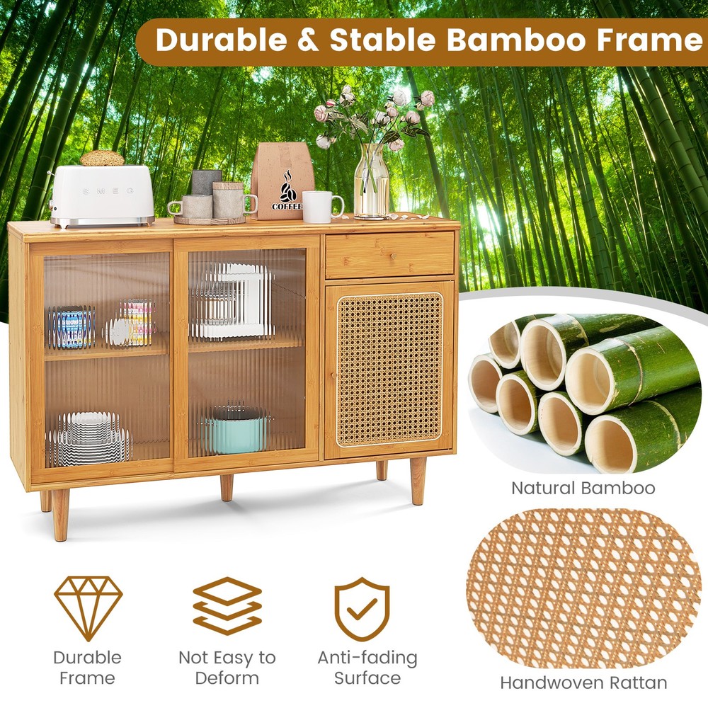 Buffet Sideboard Cabinet Rattan Console Table with Sliding Doors Storage Drawer