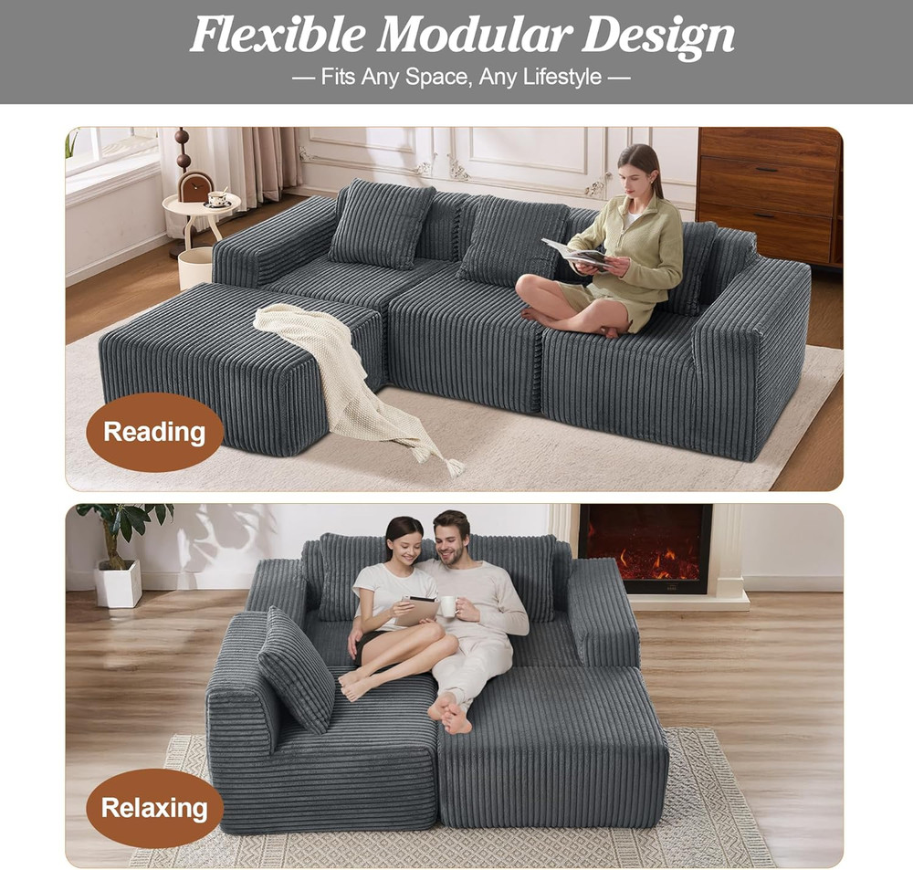Dark Gray Modular L-Shaped Sofa with Chaise & Memory Foam, 101