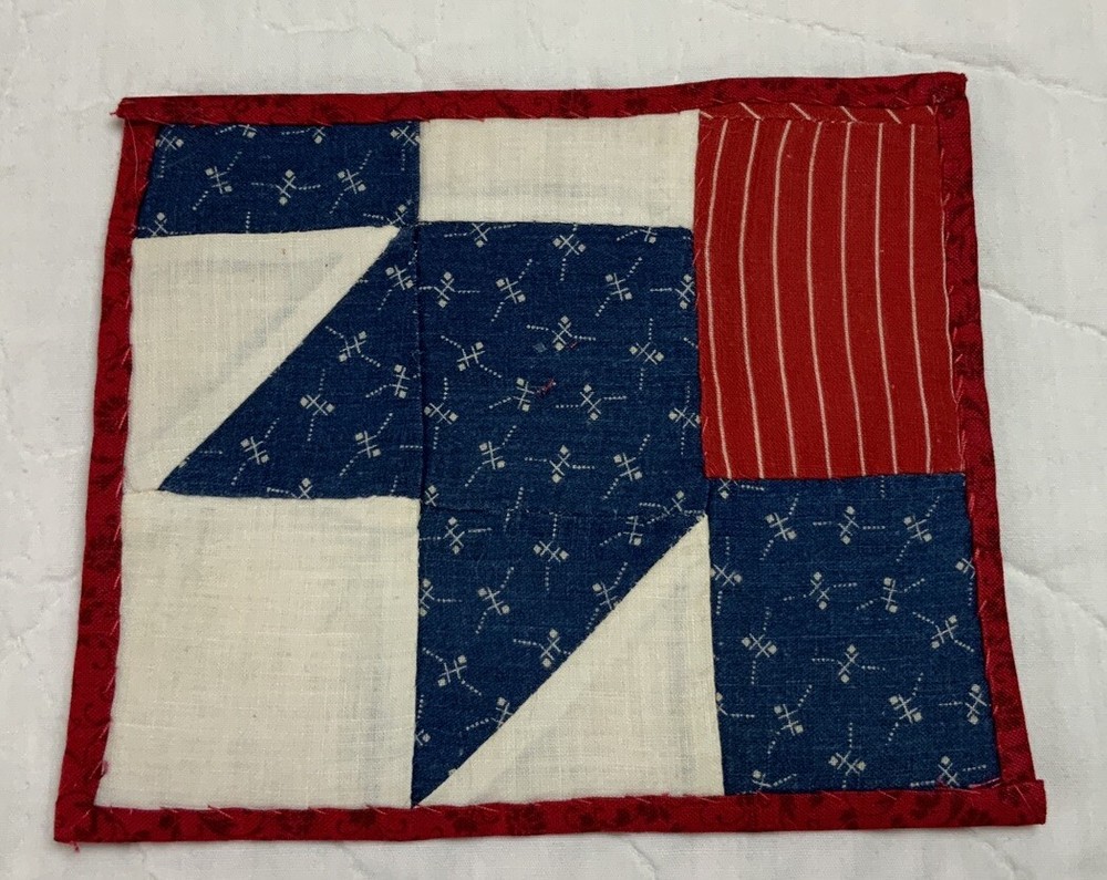 Antique Vintage Patchwork Quilt Table Topper, Small, Triangles, Squares, Navy