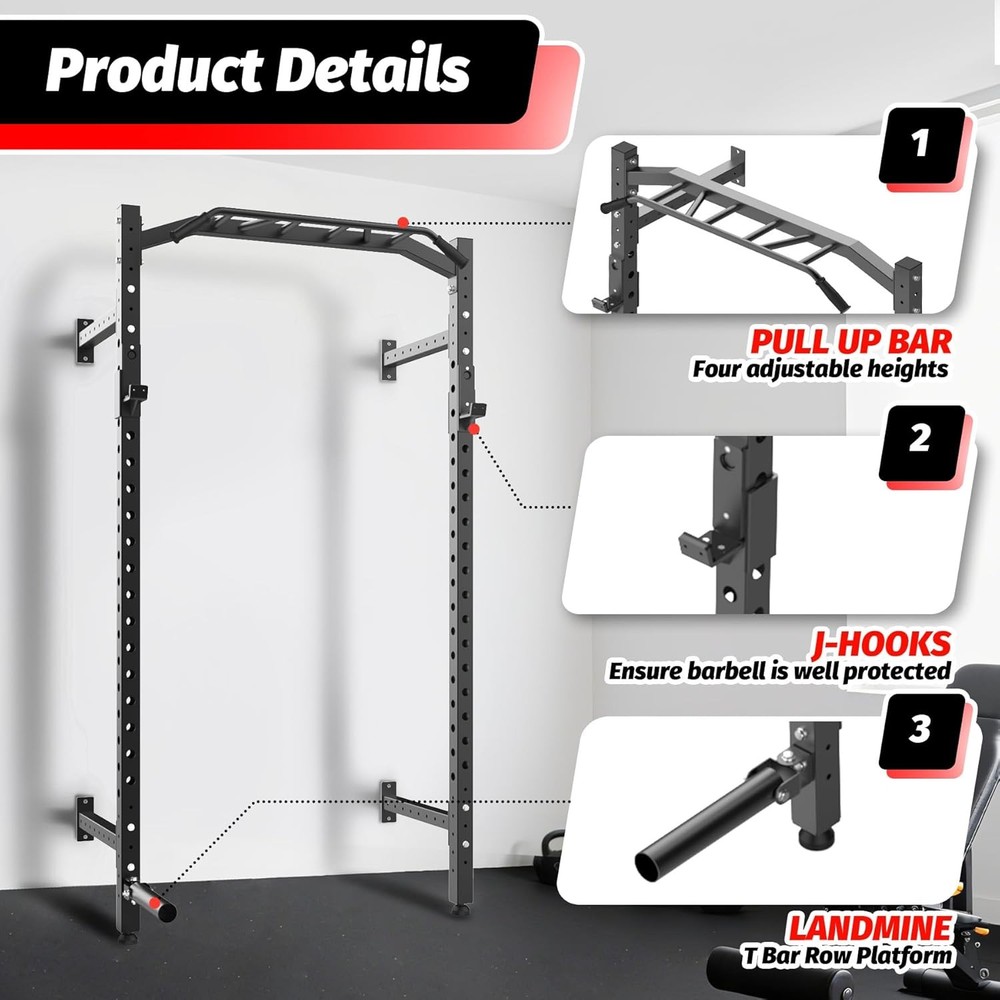 1600LB Commercial Squat Rack Wall Mounted W/ Multi-Grip Pull Up Bar & Attachment