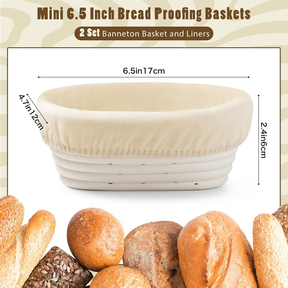 2 Pack Oval Bread Proofing Baskets W/ Liners 6.5 * 4.7 Inch Banneton Baskets