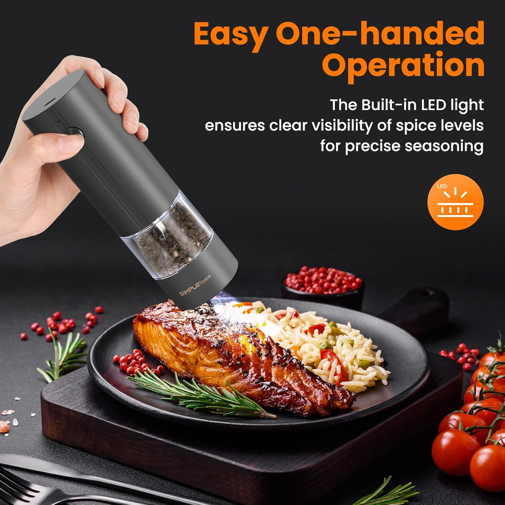 Electric Salt Pepper Grinder Set Rechargeable LED Adjustable Black