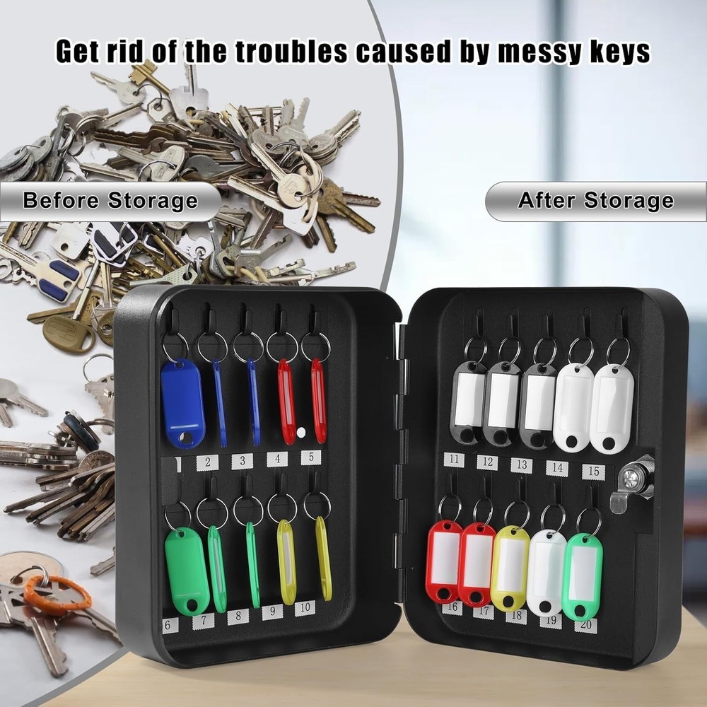 Compact Metal Key Storage Box - Lockable Wall-Mount Organizer with 20 Hooks