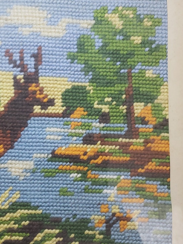 Vtg Handmade Needlepoint Deer Nature Framed