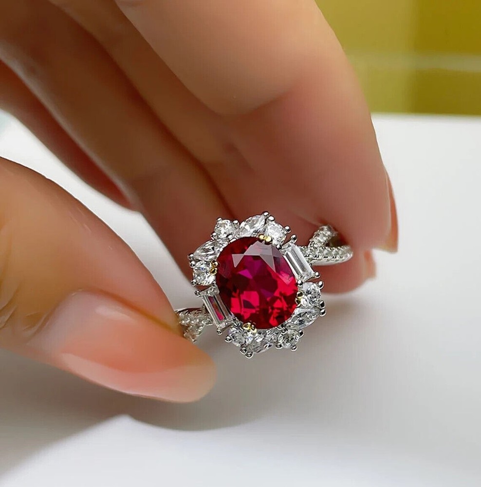 4.60 Ct Oval Cut Natural Ruby Diamond Wedding Ring 14K Solid White Gold Size 7