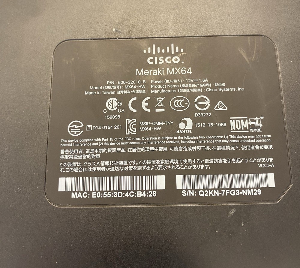 Cisco Meraki MX64-HW Cloud Managed Firewall
