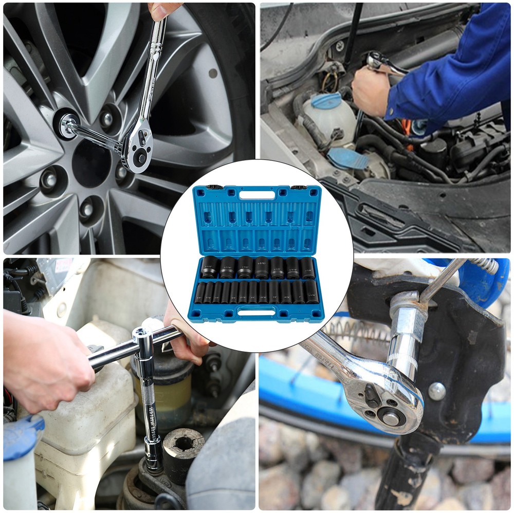 19 Pcs Impact Socket Set 1/2" Drive Deep 6-Point Sockets CR-V Storage Case
