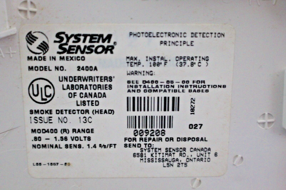 SYSTEM SENSOR 2400A DIRECT WIRE PHOTOELECTRIC SMOKE DETECTOR
