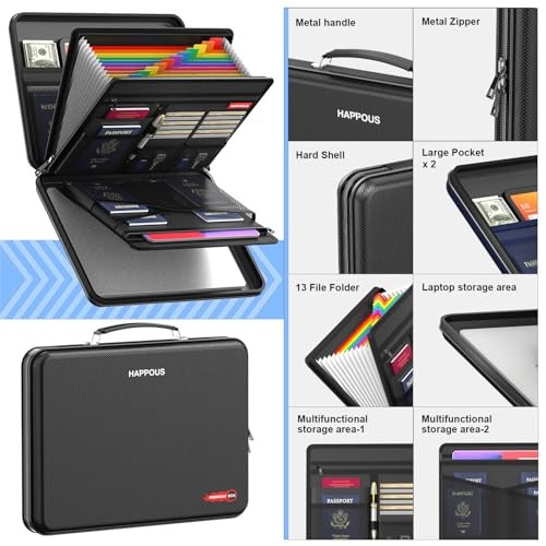 Fireproof Document Organizer, Expanding File Organizer with 13 Pockets, Black