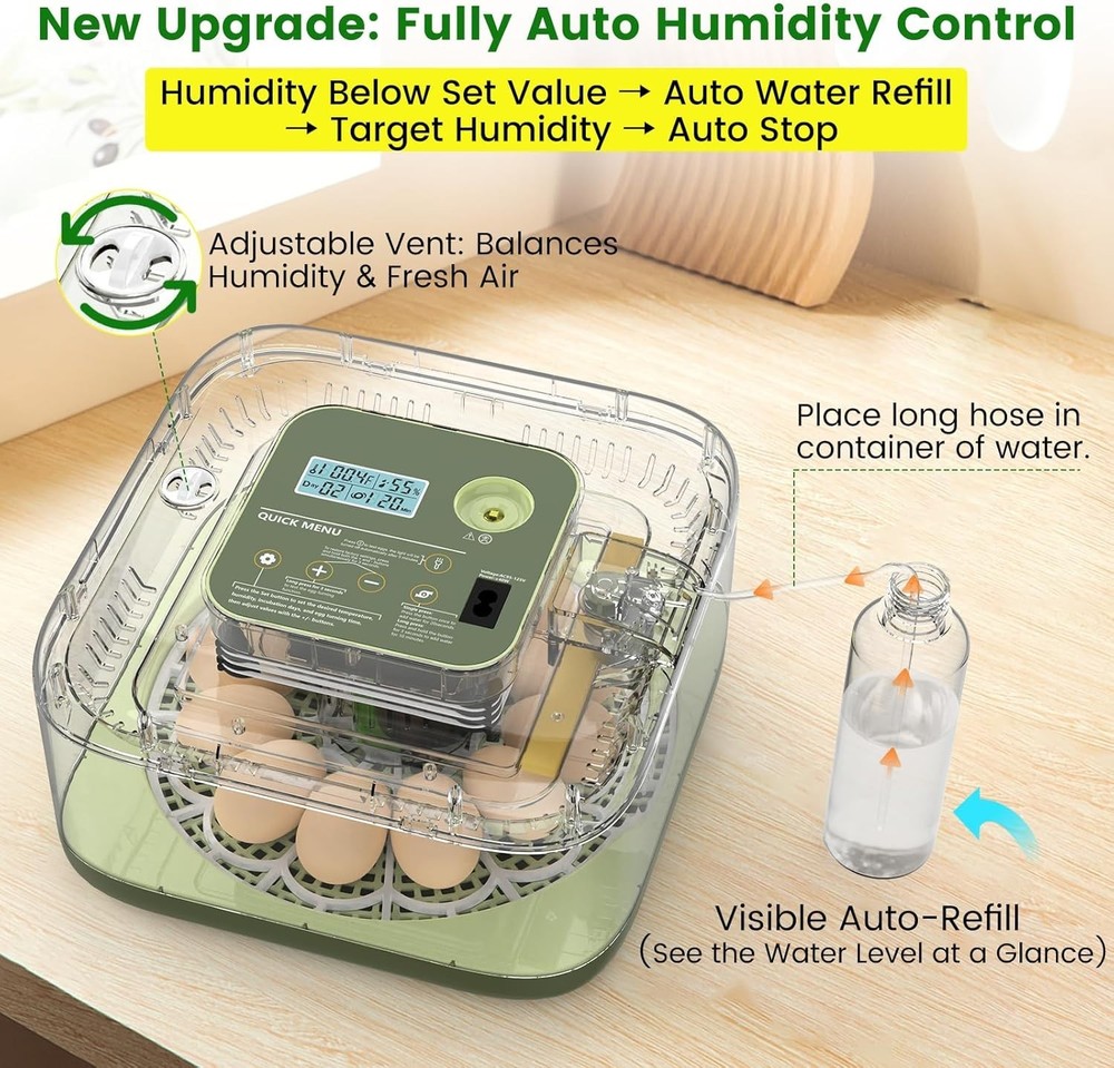 12 Egg Incubator with Automatic Turning, Auto Water Refill & Temp/Humidity Co...