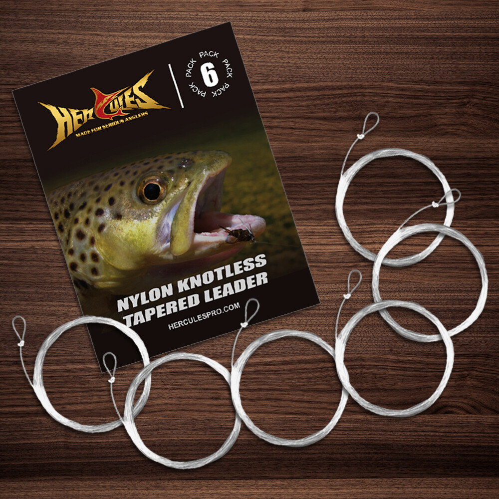 HERCULES Pre-Tied Loop Fly Fishing Leader Nylon 6 Pack W/ Tapered Leader Wallet