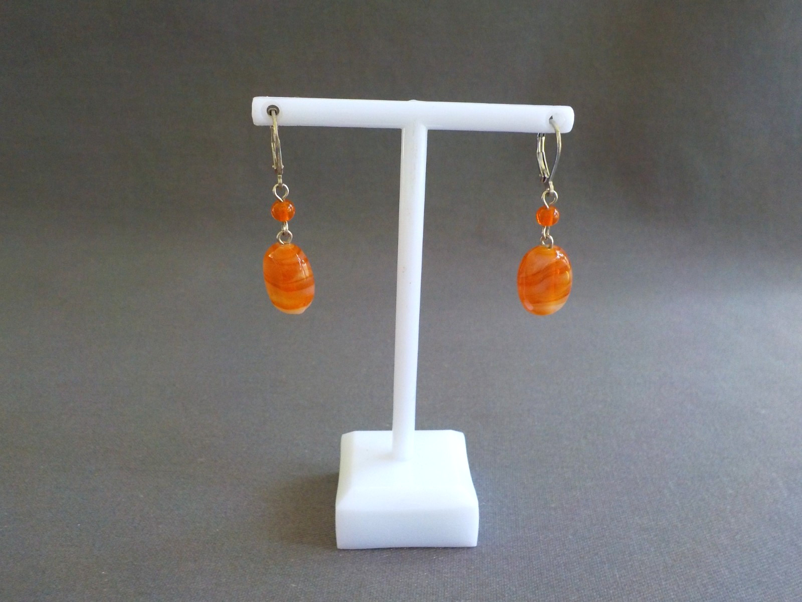 Earrings Pierced 3 Pair Dangle Drop Glass Stone Metal Orange Pink Lever Back