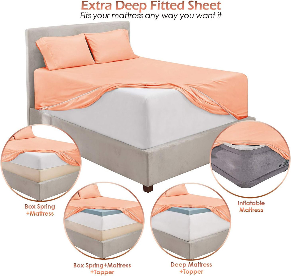 6Pc King Size Bed Linen Set - Extra Deep Pocket, Microfiber, Peach - Includes 4