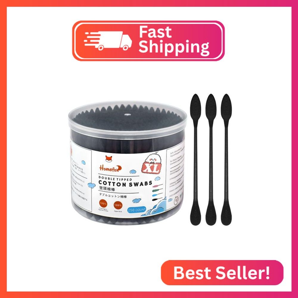 HOMEFOX XL Thick Black Cotton Swabs Pointed Precision - 250 Count Extra Large -
