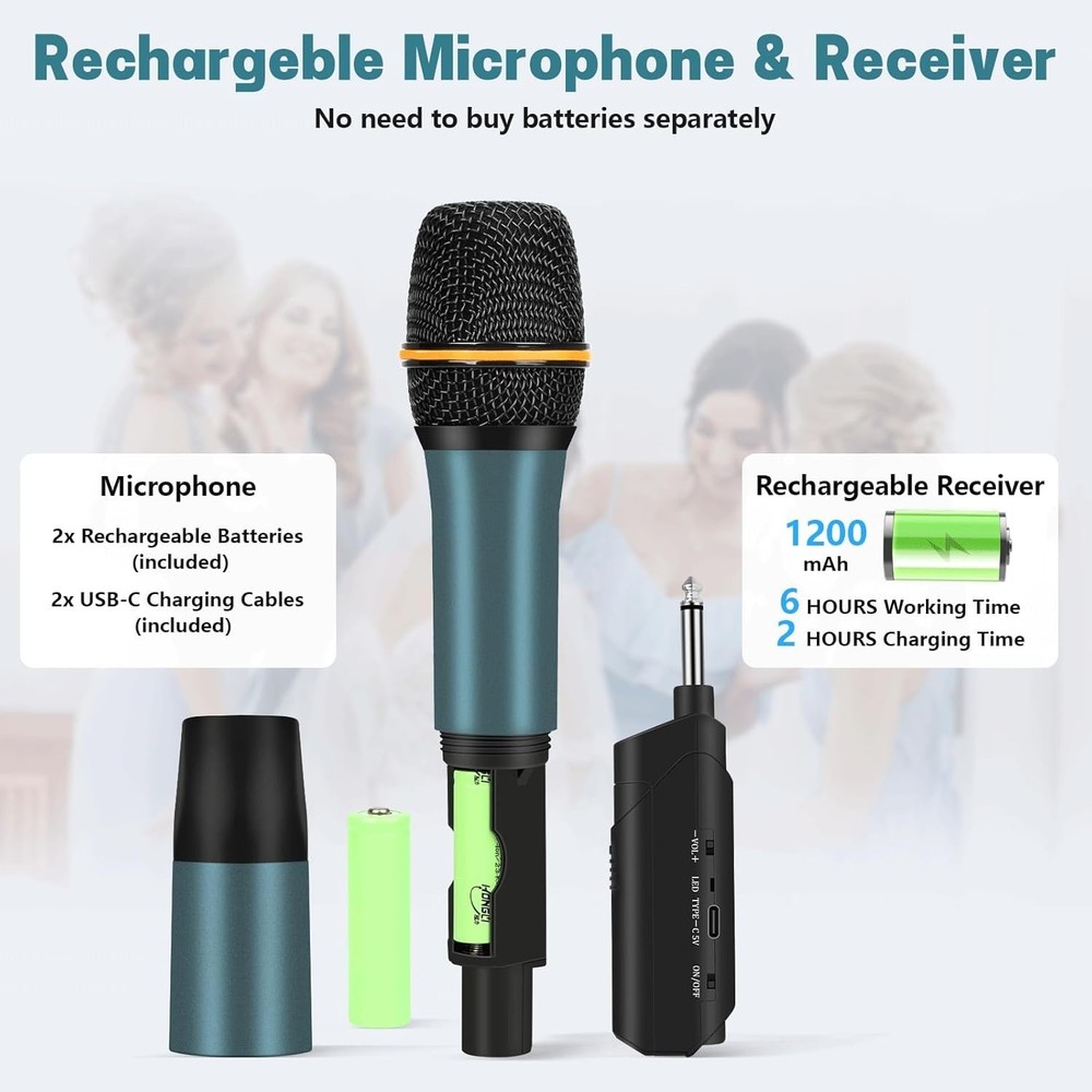 Wireless Microphones, UHF Metal Rechargeable Cordless Dynamic Mic System NEW
