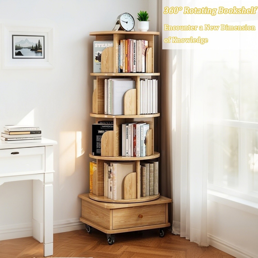5 -Tier Rotating Bookshelf Freestanding Bookcase Storage Display Rack w/ Wheels