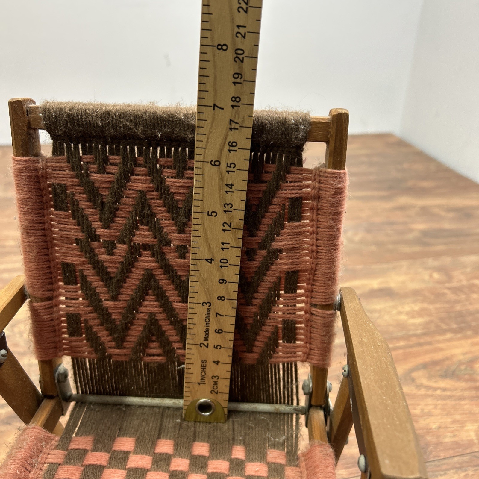 Macrame Wooden Folding Baby Doll Chair Vintage Handwoven Brown Pink ** DOLL SIZE