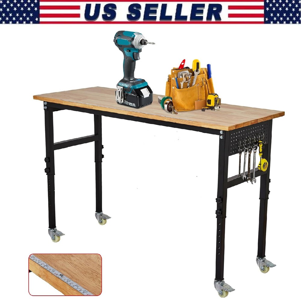 48" Adjustable Workbench 2000Lbs Load Rubber Wood Work Bench w/Pegboard & Wheels