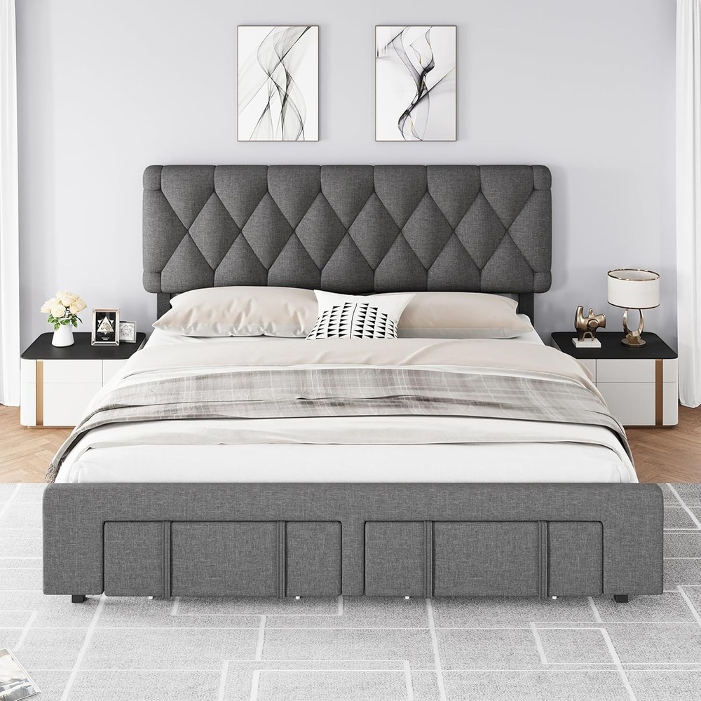 🔵Modern Upholstered Queen Size Bed Frame with Button Tufted Headboard Drawers