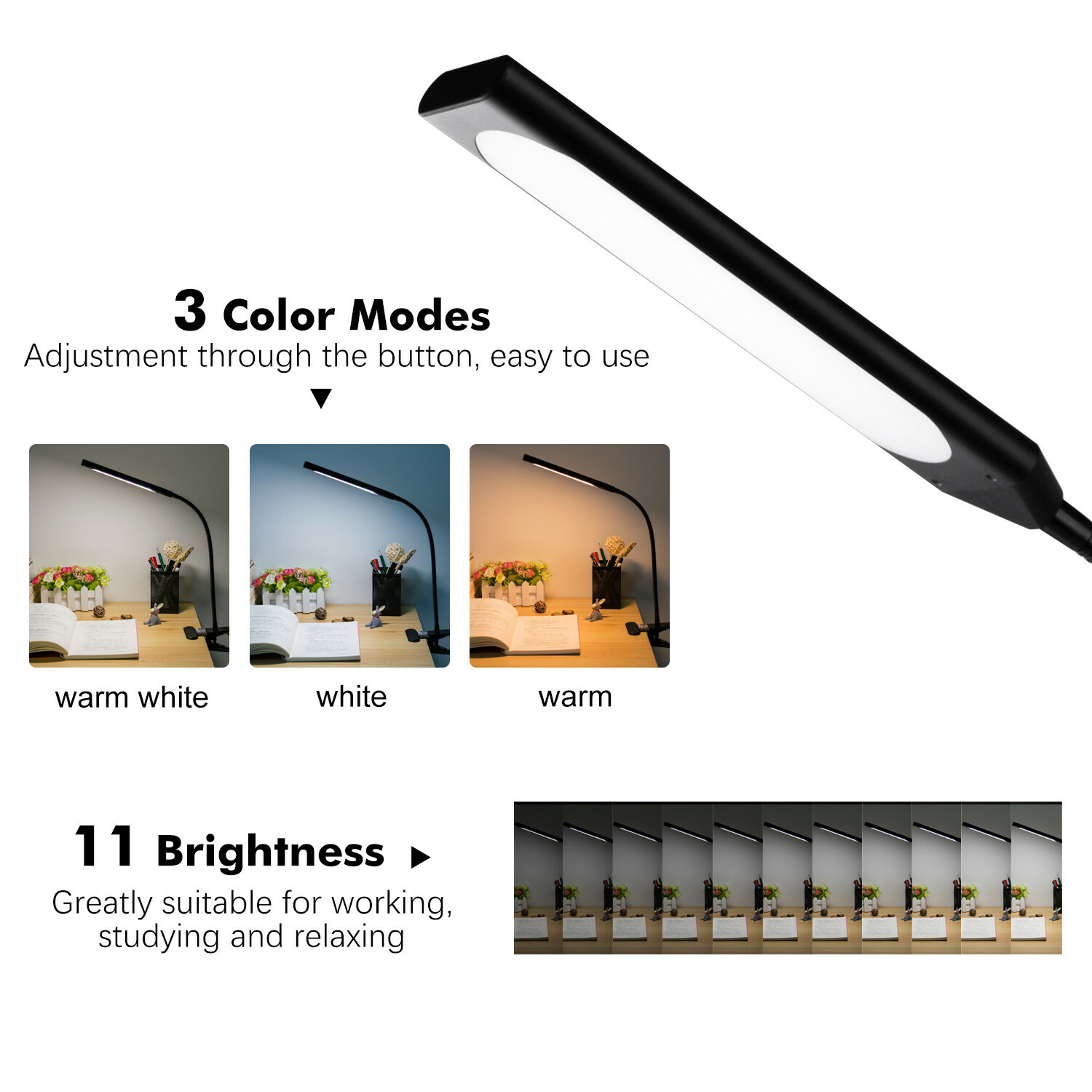 LED Desk Lamp Gooseneck Adjustable Lamp with Clamp Eye-Caring Reading Desk Light