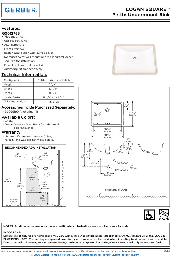 Gerber 12765 Logan Square™ Rectangular Petite Undercounter Bathroom Sink White