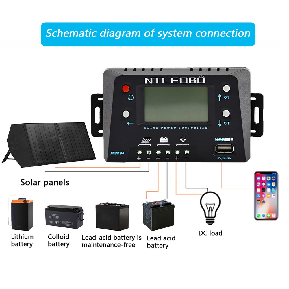 Large LCD Display 10A Solar Charge Controller 12V/24V,Double Button,USB Port