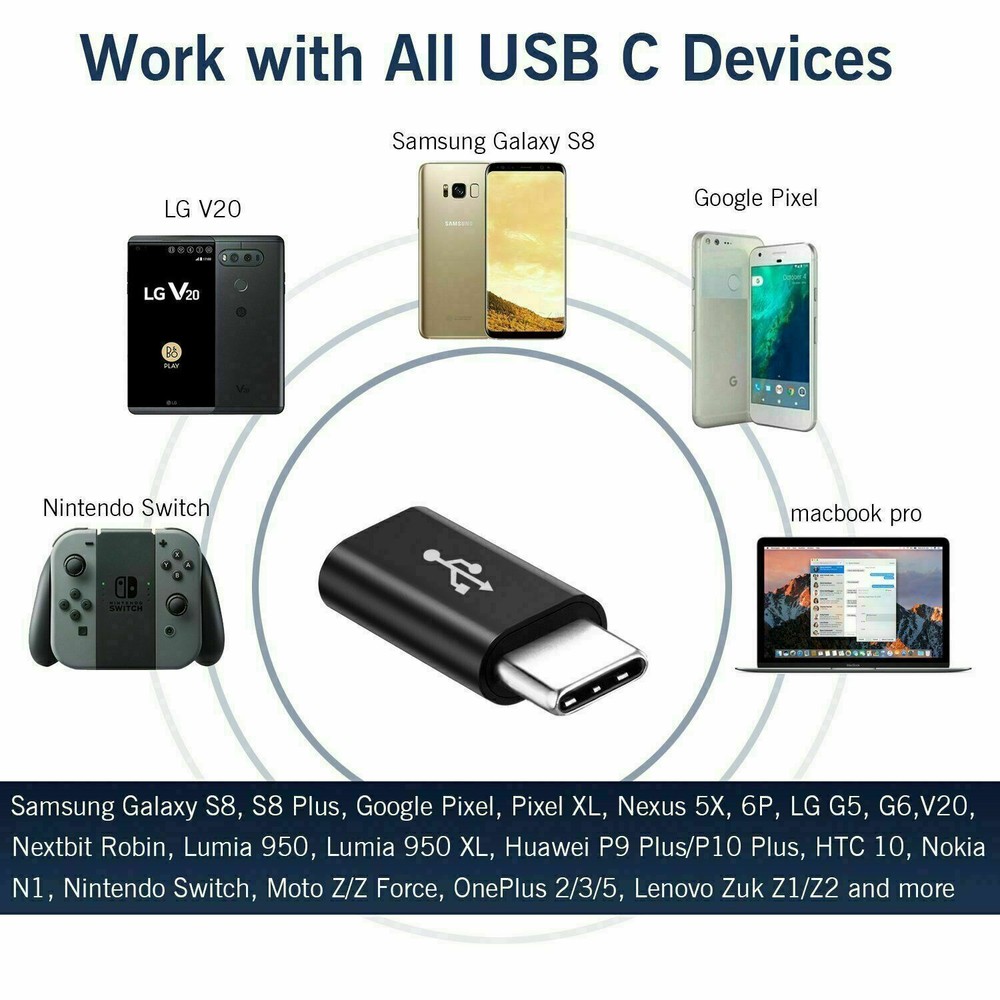 2 Pack Micro USB to Type C Adapter Converter Micro-B to USB-C Connector USA