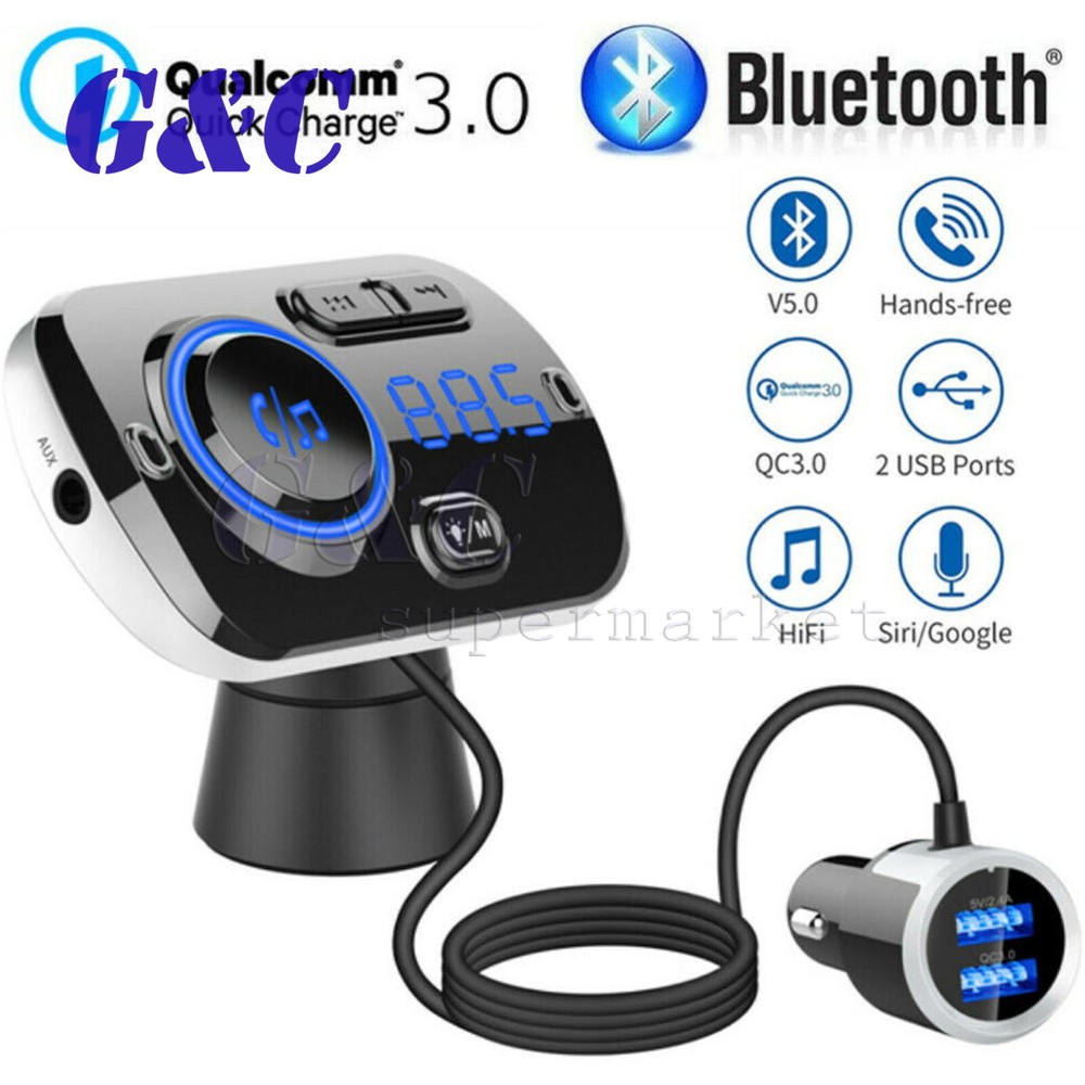 Bluetooth 5.0 Handsfree Car Kit FM Transmitter MP3 Player & USB Fast Charger AUX