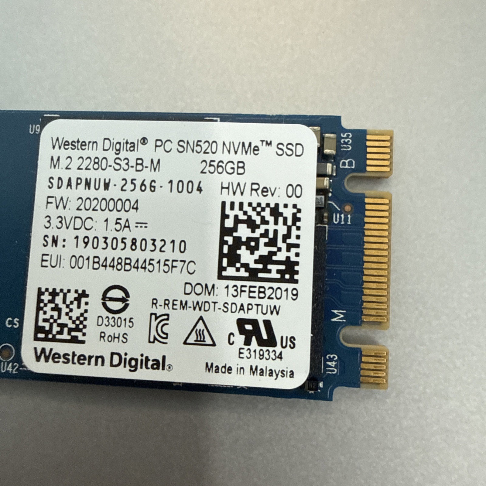 Western Digital 256GB NVMe 2280 80mm SSD SDAPNUW-256G-1006 SN520 tested working
