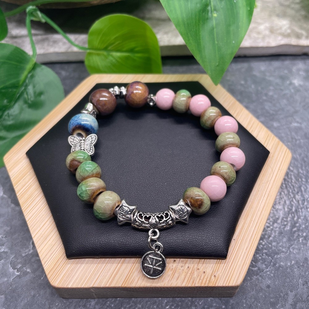 Handmade Ceramic Bead Beaded Stackable 6.25” Plus Stretch Bracelet New B529