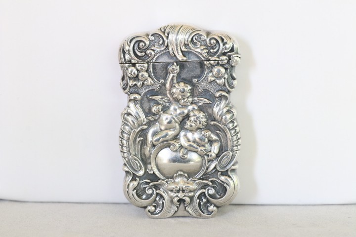 RARE AMERICAN MADE KERR STERLING SILVER 2 CHERUBS & GROTESQUE FACE MATCH SAFE