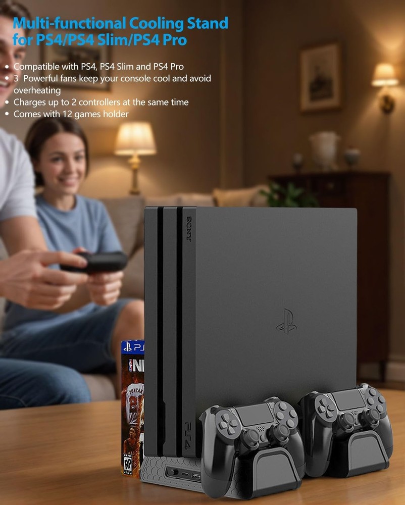 Vertical Stand for PS4 Slim - Cooling, Controller Charger & Game Storage