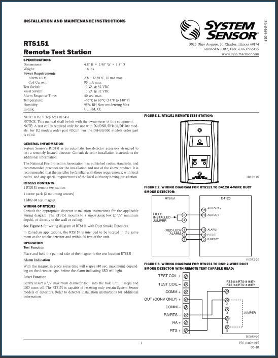 OPEN BOX SYSTEM SENSOR -RTS151 REMOTE TEST STATION --READ DISCRIPTION--