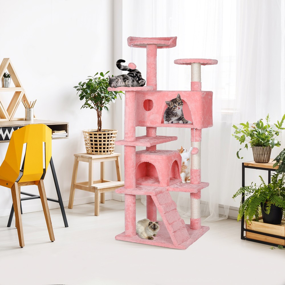 Home Ketty Cat Tree Multifunctional Condo Scracthing Post Tower, Pink 55"