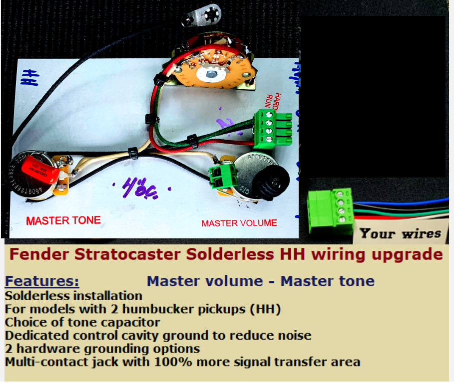 Solderless HH Wiring Harness + 4" POT SPACING! Master Volume/Master Tone