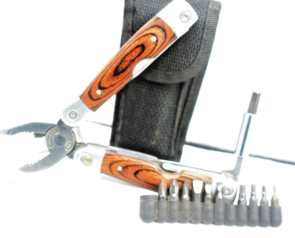 combination plier knife tool with 11 screwdriver type bits, and more about20uses