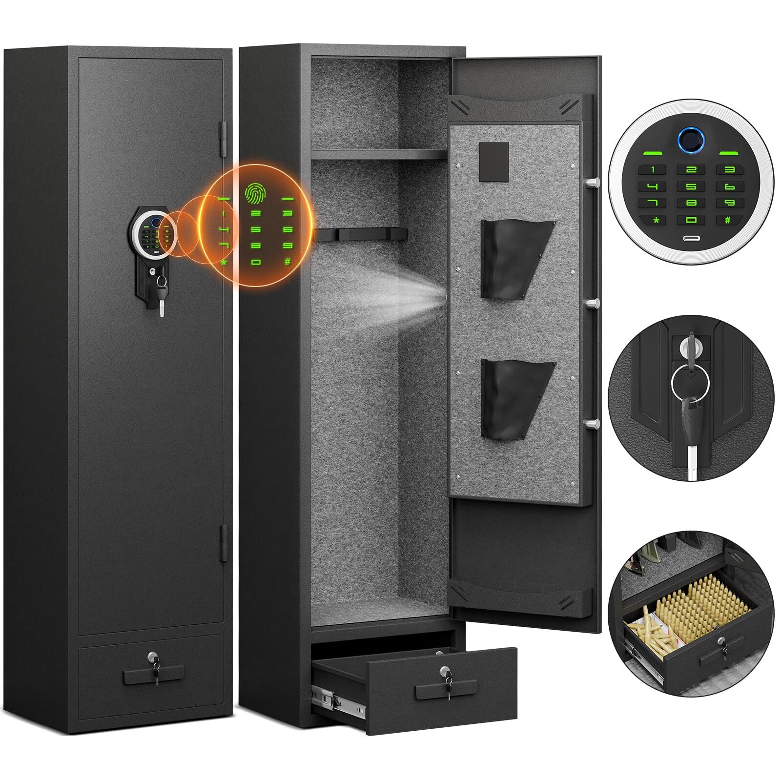4-5 Gun Rifle Safe for Home Rifle and Pistols, Biometric Gun Safe with Drawer