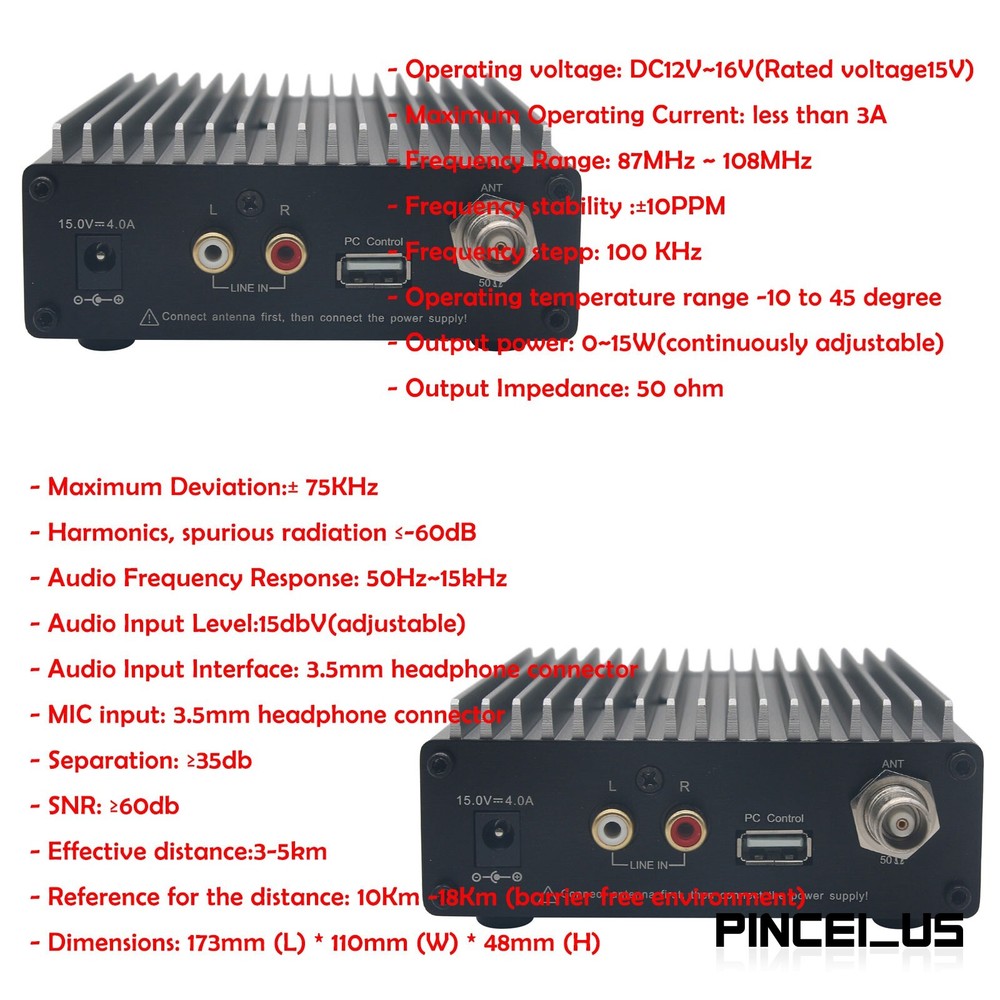 CZE-15B Adjustable Stereo FM Transmitter PC Control Wireless Radio KIT 0.3-15W