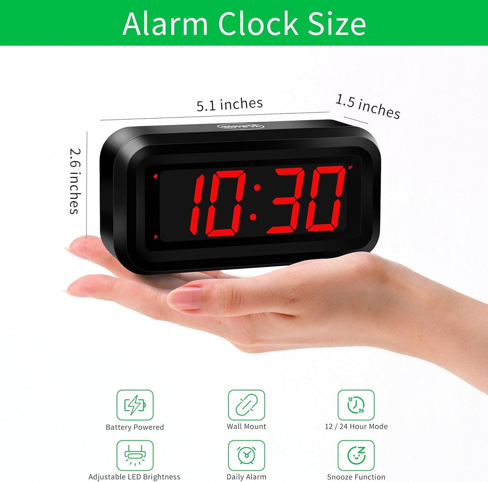 Alarm Clock, LED Digital Clock, Small Wall Clock, Battery Operated, Adjustable 3