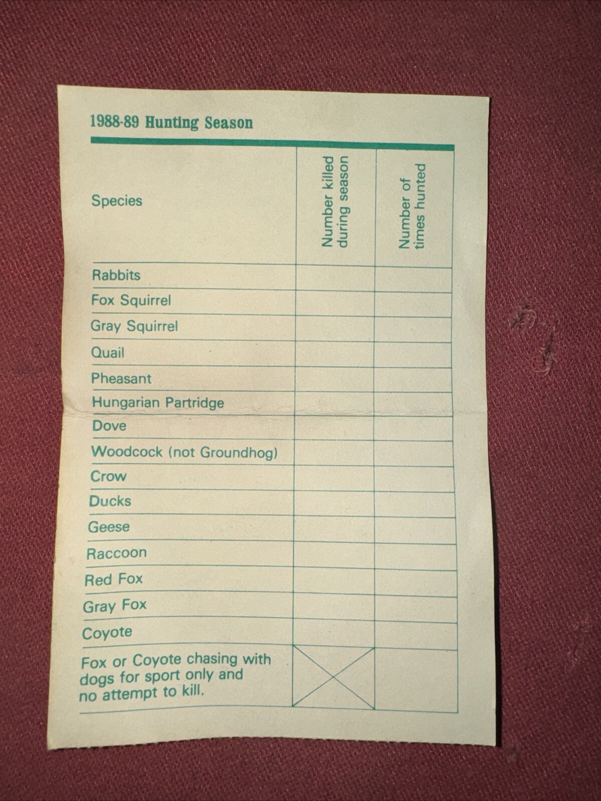 Illinois Department Of Conservation Game Tracking Card. 1988-1989 Season.