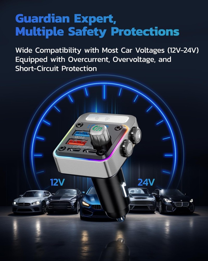 Nulaxy 54W Bluetooth 5.3 Car Adapter with 4 Charging Ports [PD 36W & Silver