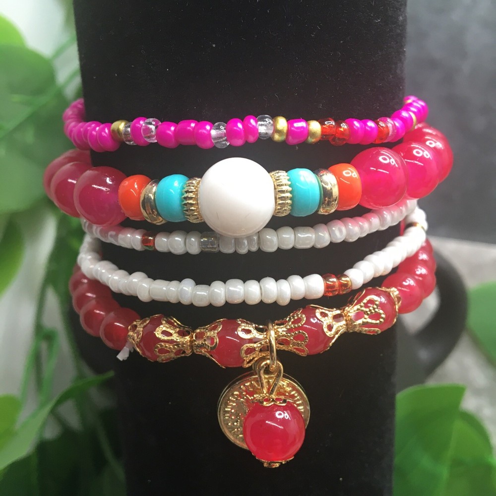 5 PC Handmade Boho Beaded Stackable 6.5" Plus Stretch Bracelet Set New A1898