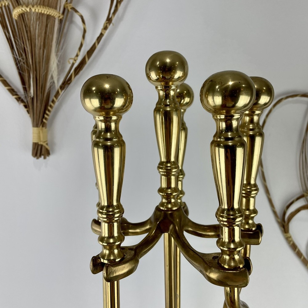 Vintage Solid Brass MCM Fireplace 5 Piece Tool Set Hollywood Regency