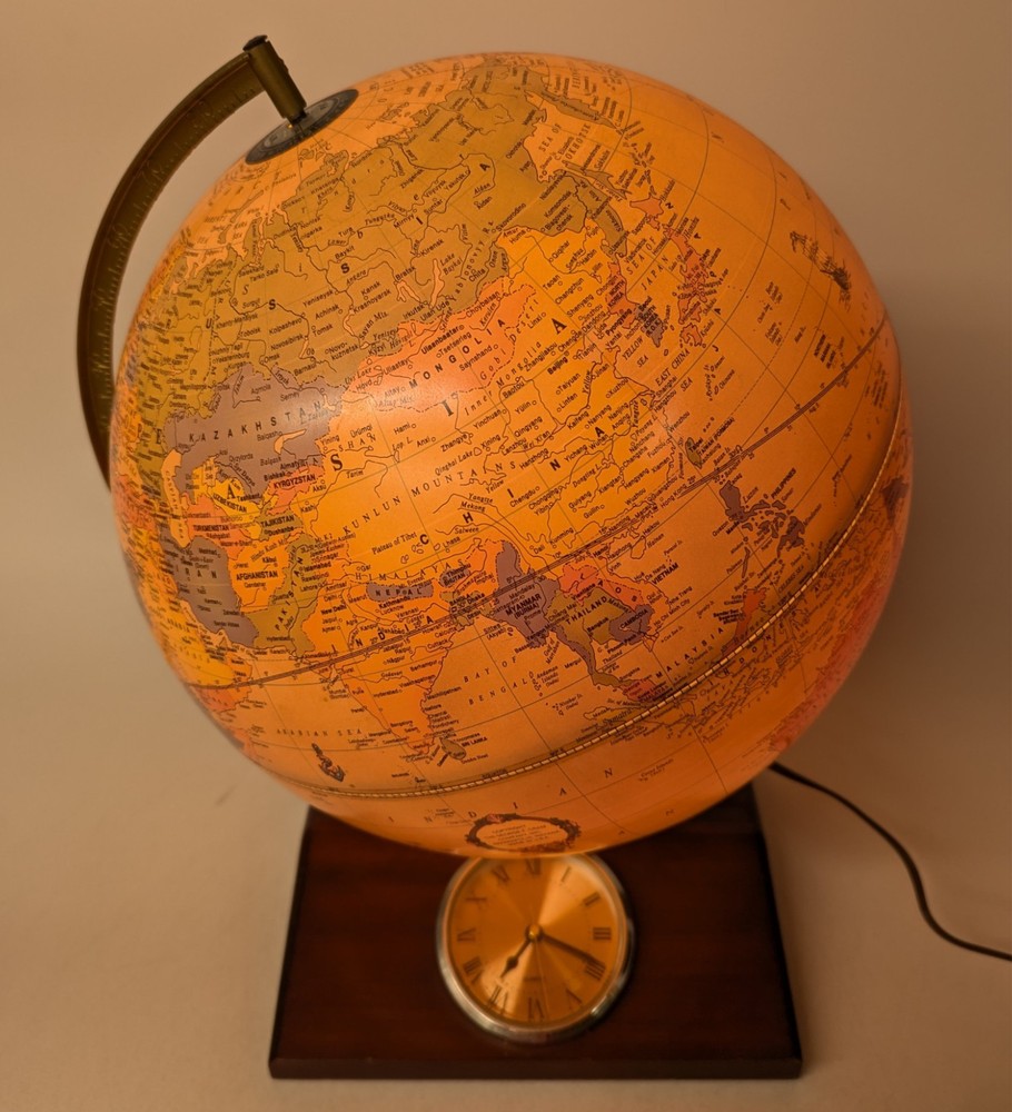Replogle Illuminated Globe Vintage Wood Base Clock Lighted Rare EUC