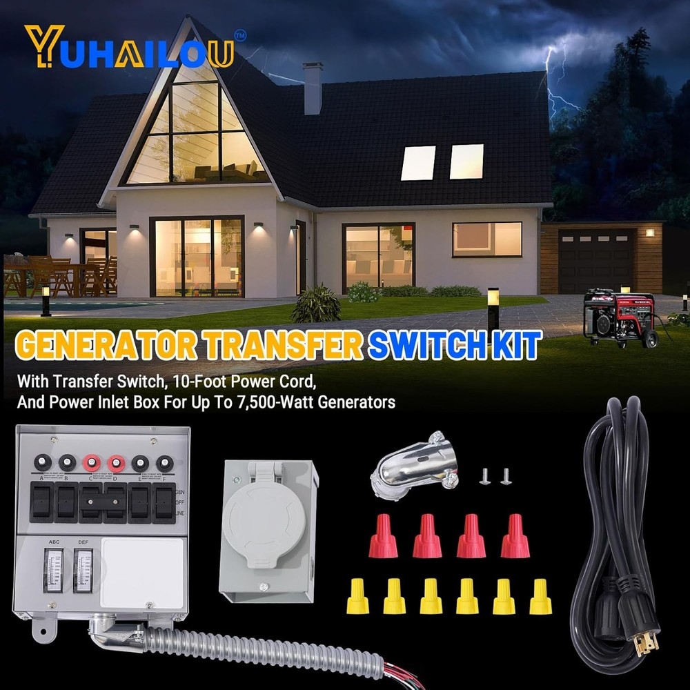 6-Circuit 30A Generator Transfer Switch - Complete Pre-Wired Kit, Inlet & Cable