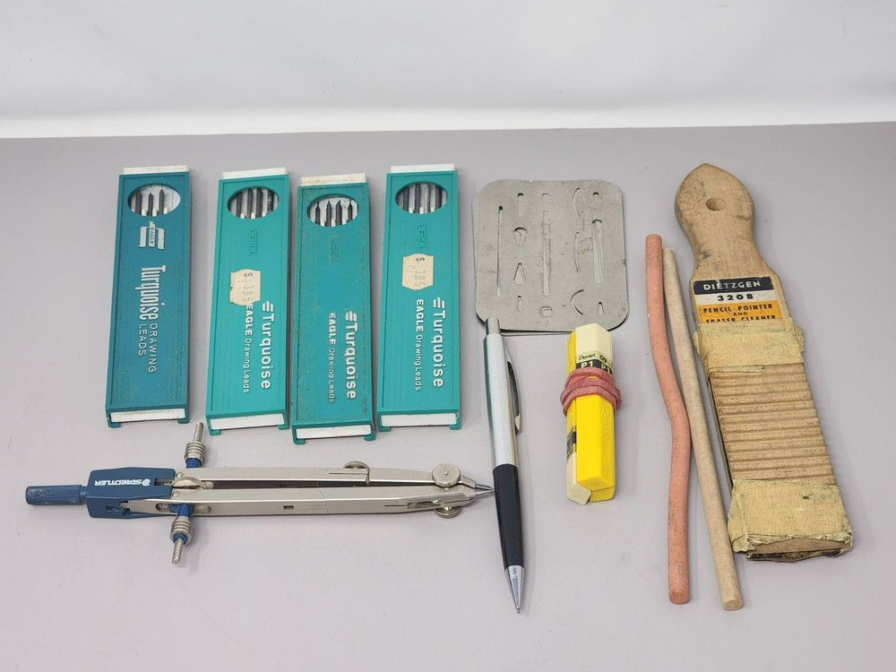 Vntg Drafting Tools Turquoise Drawing Leads Compass Pencil Pointer Accessories