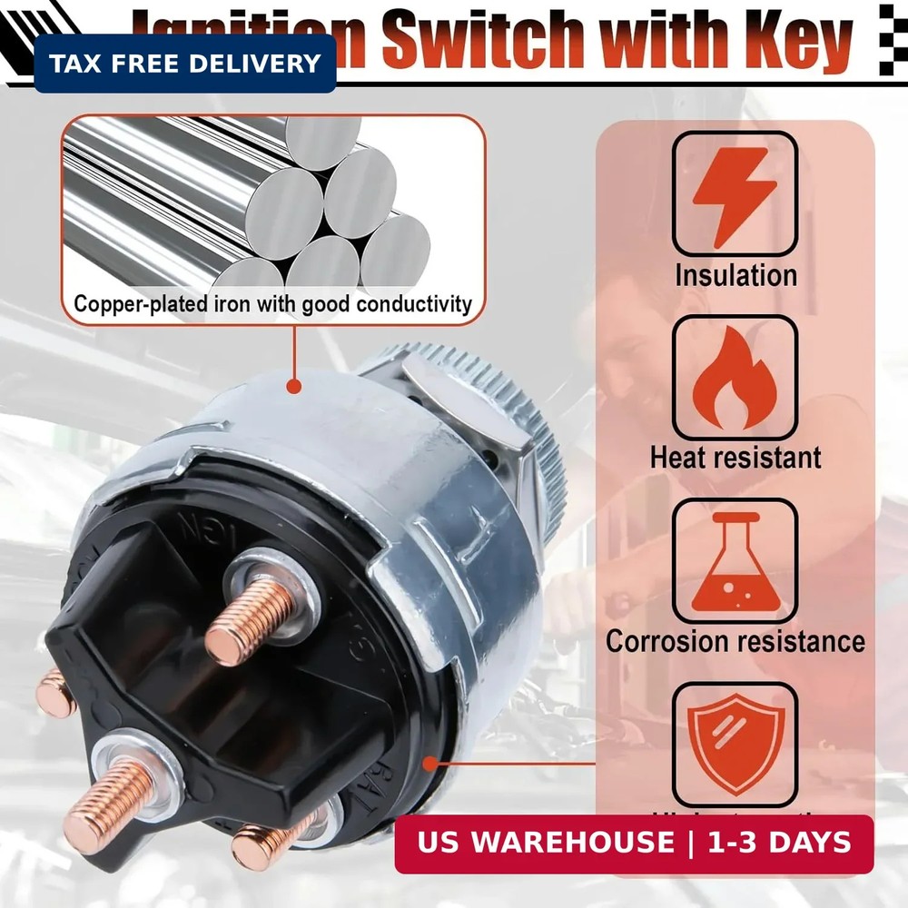 Ignition Switch with Key, Universal Ignition Key Switch, 12V 4 Position Starter