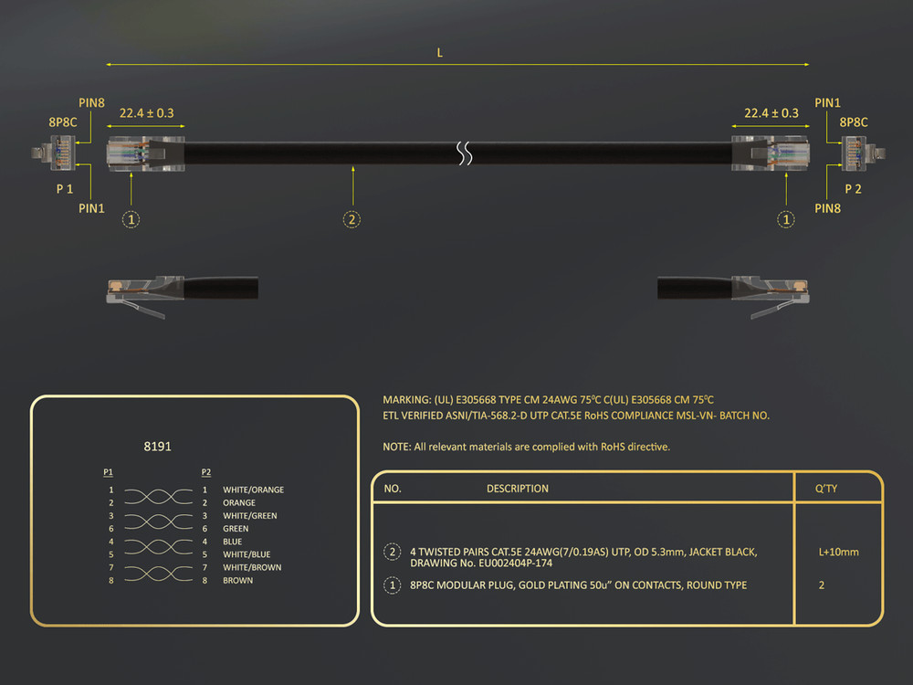 7ft Cat5e UTP Non-Booted Ethernet Network Patch Cable 24AWG Bare Copper, Black