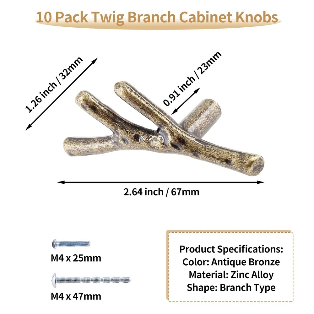 Bivethoi 10 Pack Twig Branch Cabinet Knobs Antique Bronze Tree Branch Handles...